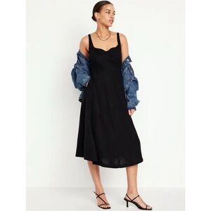 Old Navy Coastal Linen Midi Dress SZ SP Black Beach Vacation Travel‎ Smocked NWT